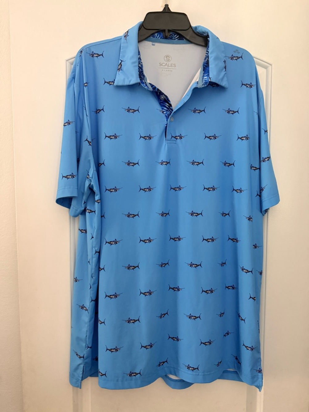 Scales Fish Blue Marlin Golf Polo Men’s Size XL Performance Stretch Logo